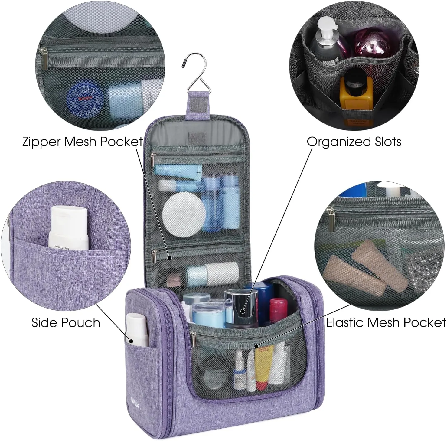 WANDF Large Hanging Toiletry Bag Travel Cosmetic Makeup Organizer Water-Resistant Shower Bathroom Bag for Women and Men (Light Purple)