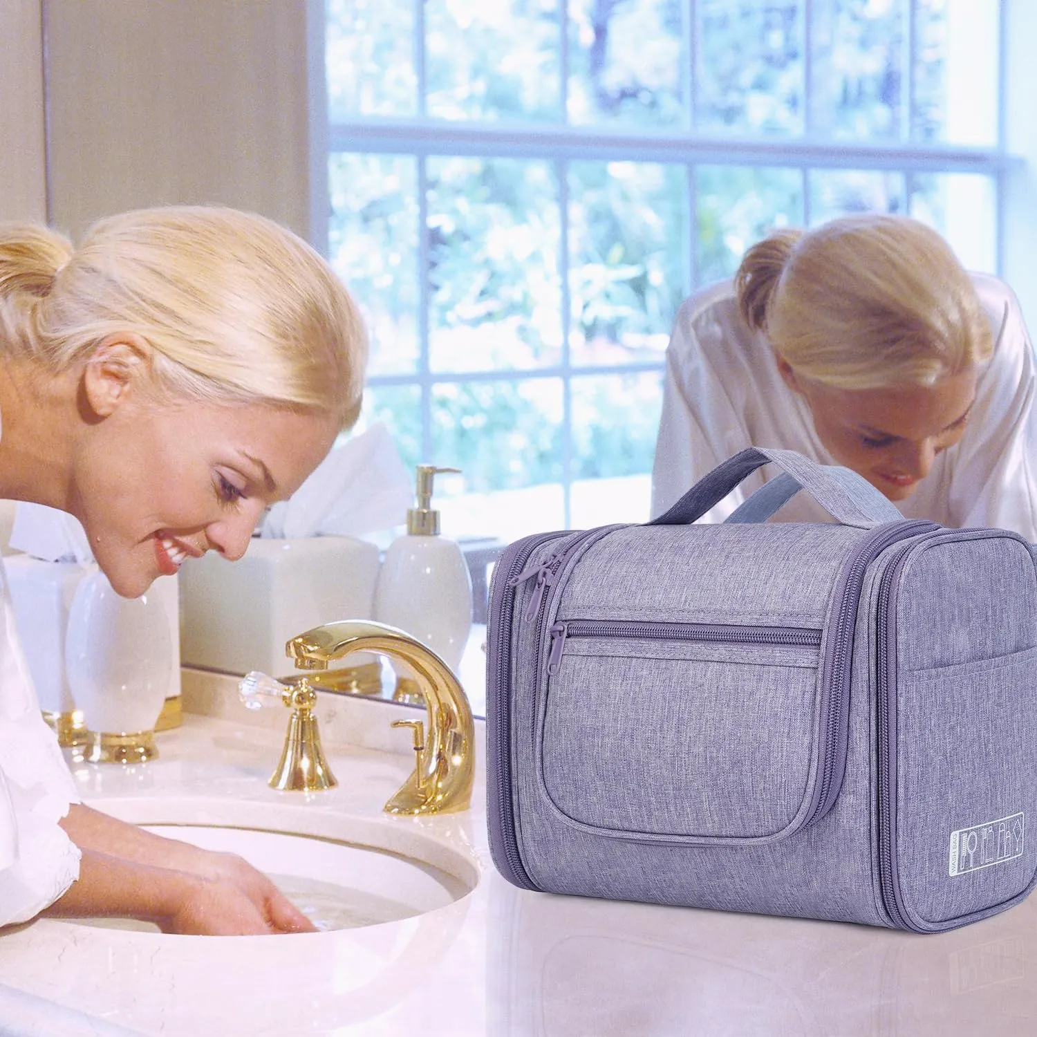 WANDF Large Hanging Toiletry Bag Travel Cosmetic Makeup Organizer Water-Resistant Shower Bathroom Bag for Women and Men (Light Purple)
