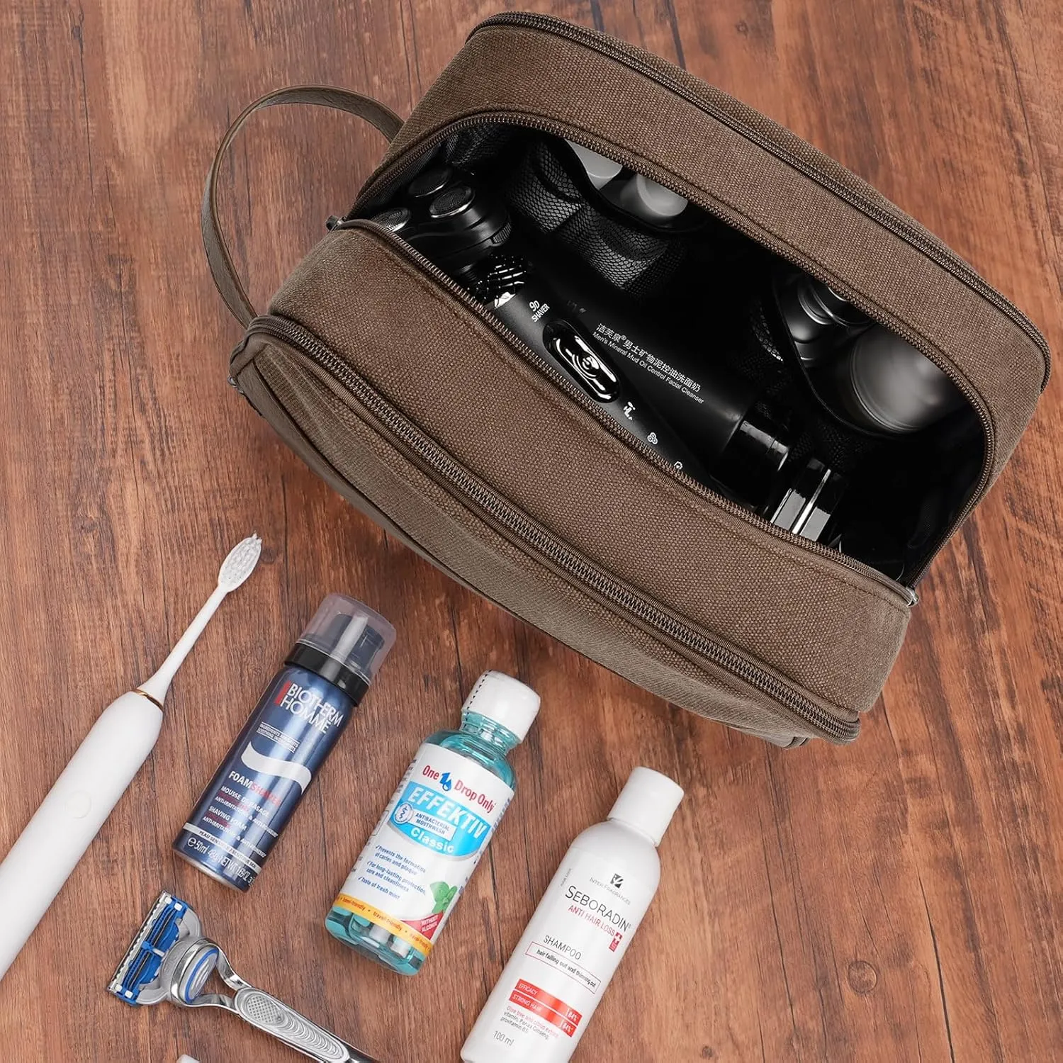 WANDF Travel Toiletry Bag for Men Large Toiletries Shaving Bag Water Resistant Hanging Dopp Kit Travel Accessories Bag for Women Men (Brown)