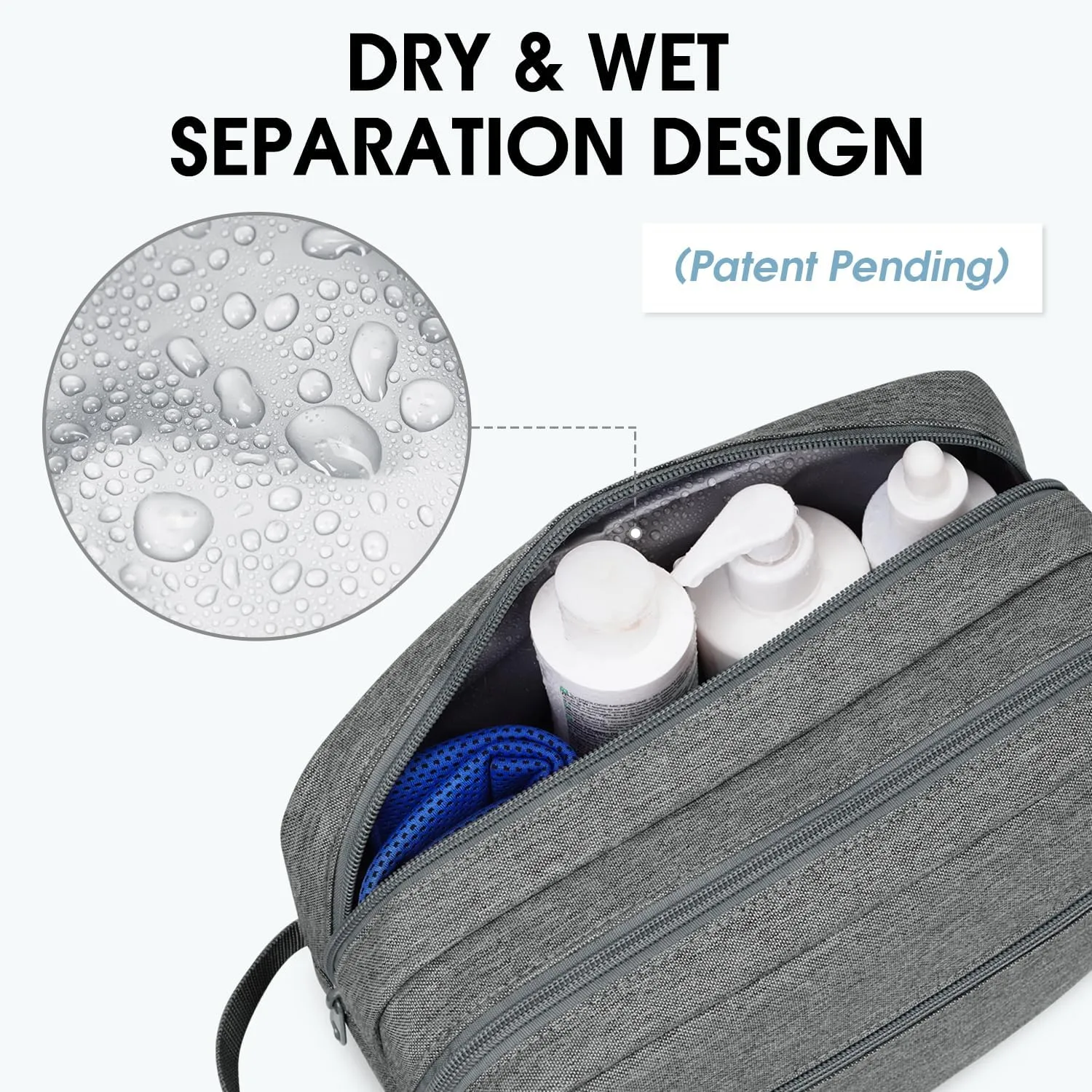 WANDF Travel Toiletry Bag with Wet Compartment Toiletry Organizer Shaving Bag Hanging Dopp Kit for Men Women (Grey)