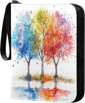 Watercolor Colorful Tree Card Binder 4-Pocket, 400 Pockets Card Holder with 50 Removable Sleeves and Zipper for Games Baseball Football Sports Card