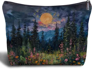 Watercolor Full Moon Above the Wildflowers Makeup bag, Cottagecore Accessories Cosmetic Bag, Cottagecore Gifts, Mystical Woodland Under Cold Moons Scenic Cosmetic Bag Toiletry Bag