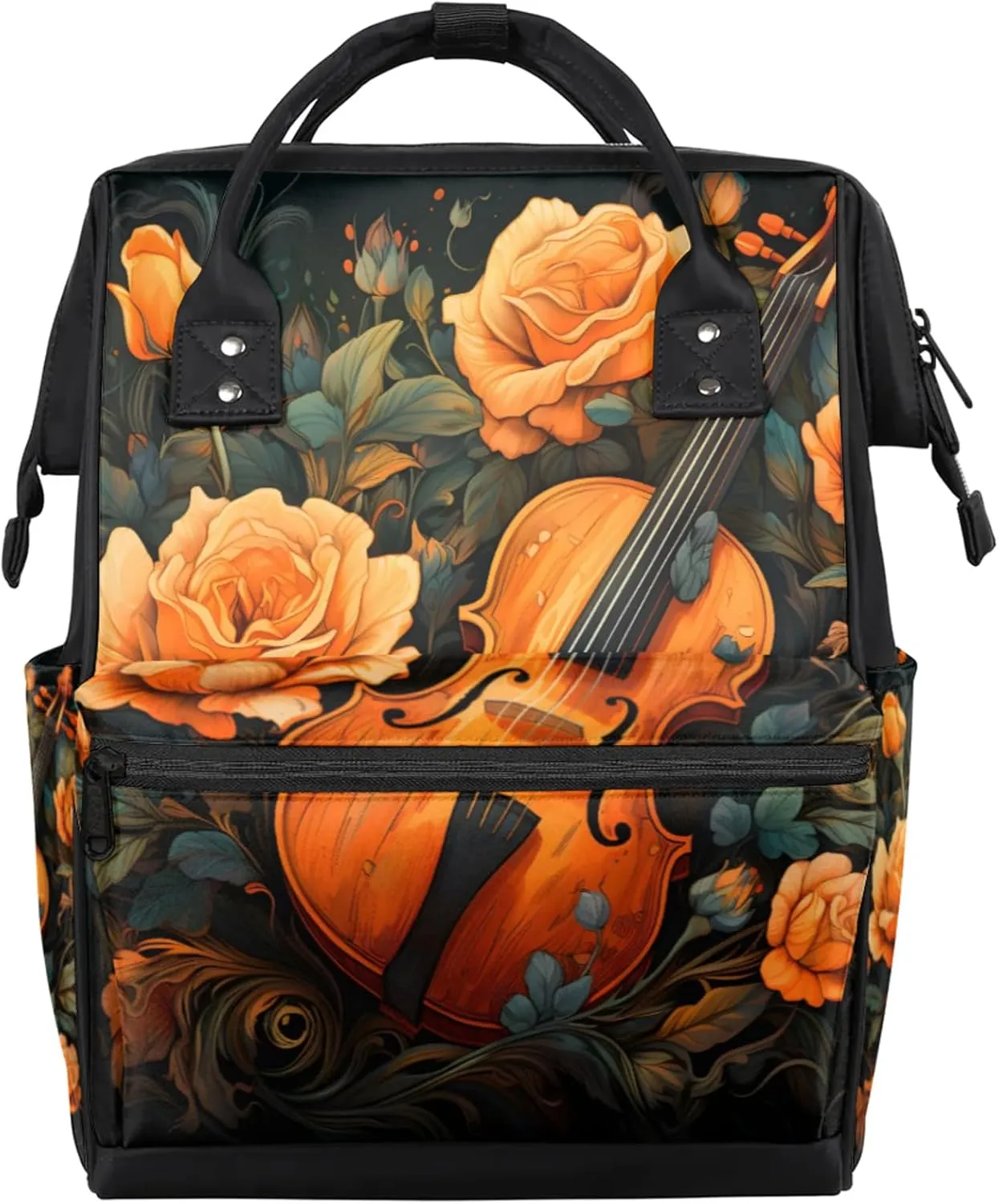 Watercolor Guitar Rose Diaper Bag Mommy Bags With Adjustable Shoulder Strap Waterproof Multifunction Shoulder Bag Travel Large Capacity Backpack for Moms And Dads