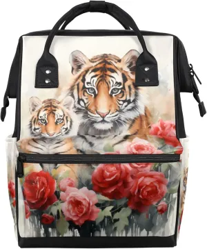 Watercolour Tiger Rose Diaper Bag Mommy Bags With Adjustable Shoulder Strap Waterproof Multifunction Shoulder Bag Travel Large Capacity Backpack for Moms And Dads