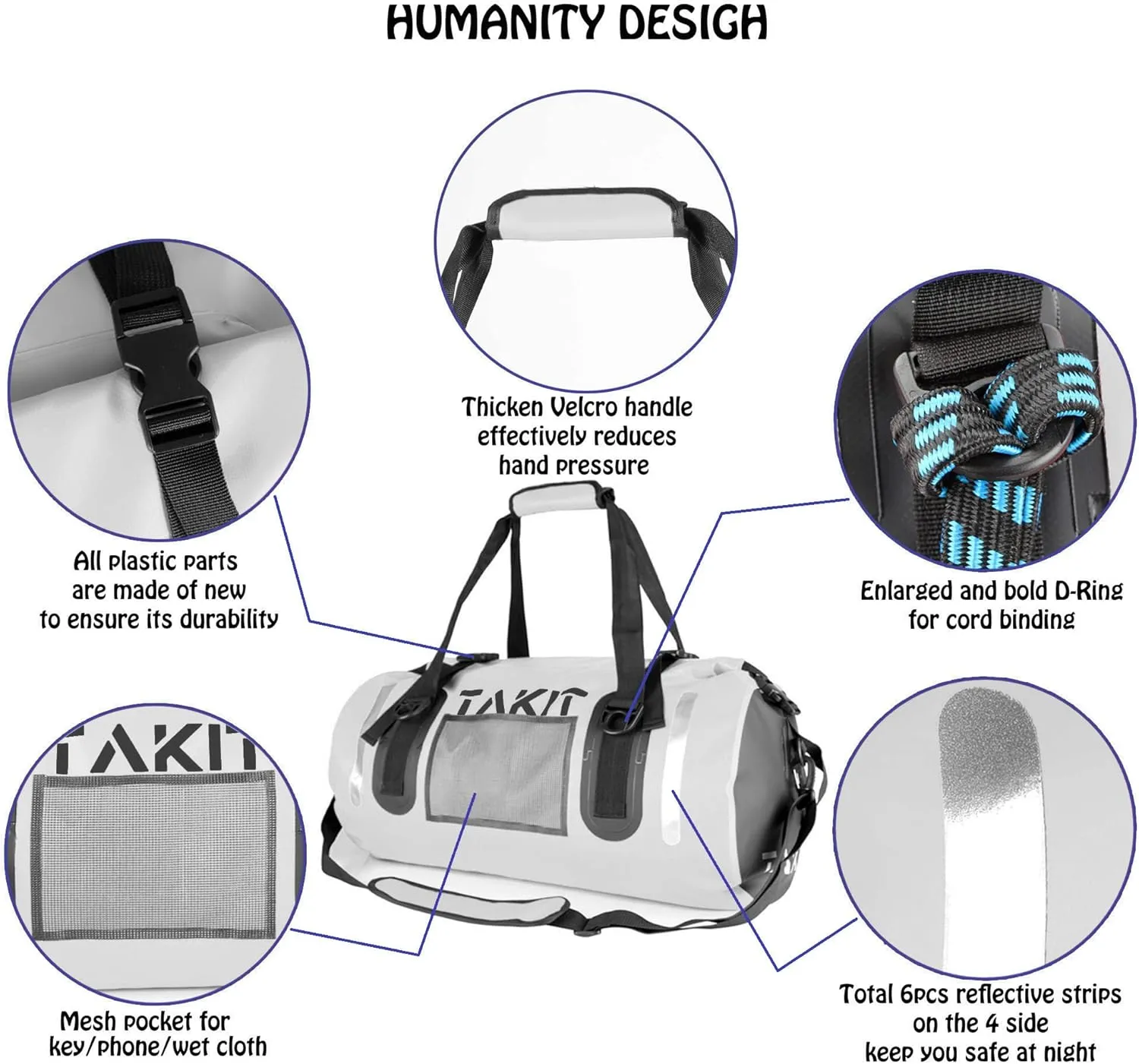 Waterproof Duffle Bag Travel Dry Bag 500D PVC for Motorcycle Tail Kayaking Rafting Boating Swimming Camping Hiking Beach Fishing (White, 60L)