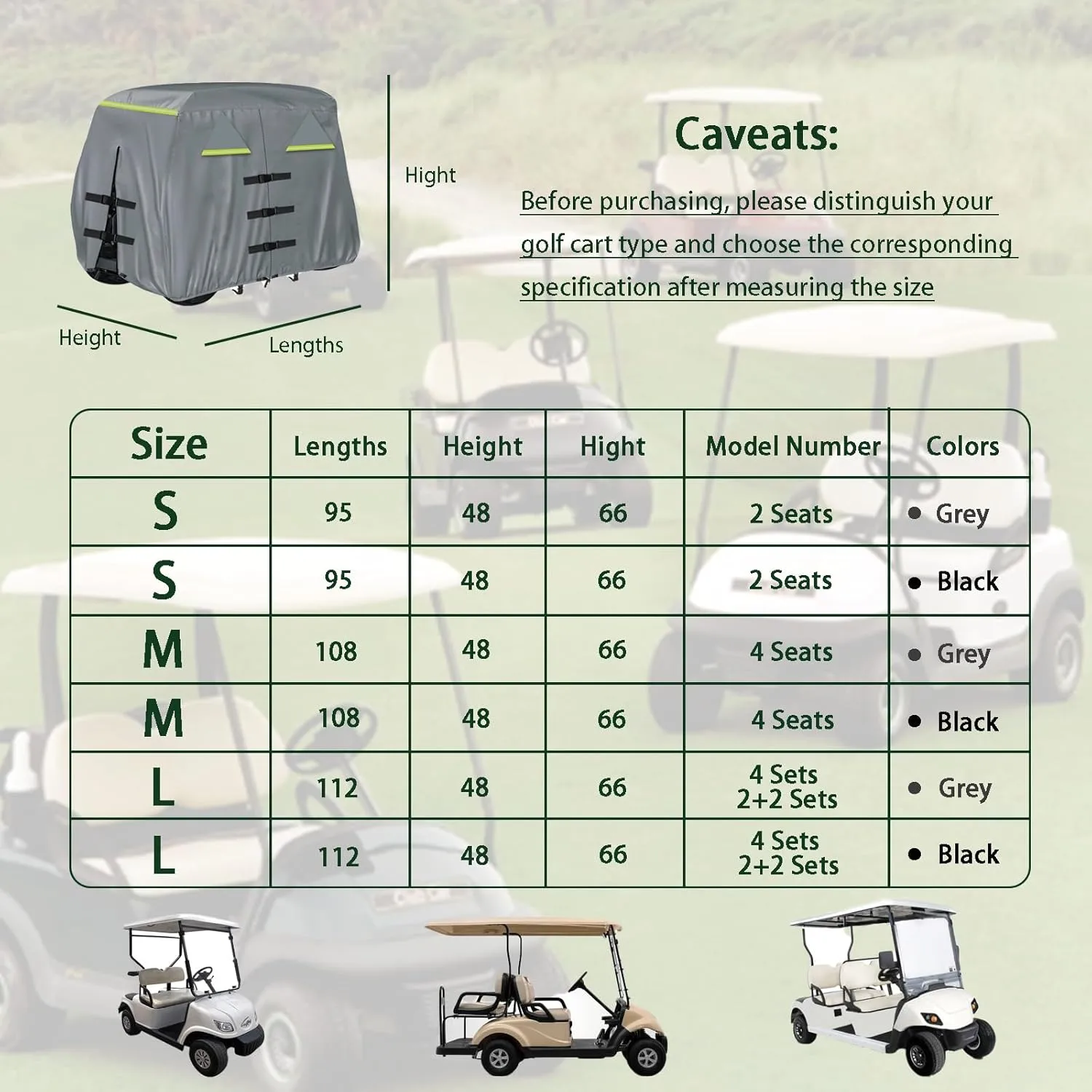 Waterproof Golf Cart Cover 420D Heavy Duty Marine Grade Fabric Oxford Fabric Fit for 4 Passengers 2 Passengers Club Car