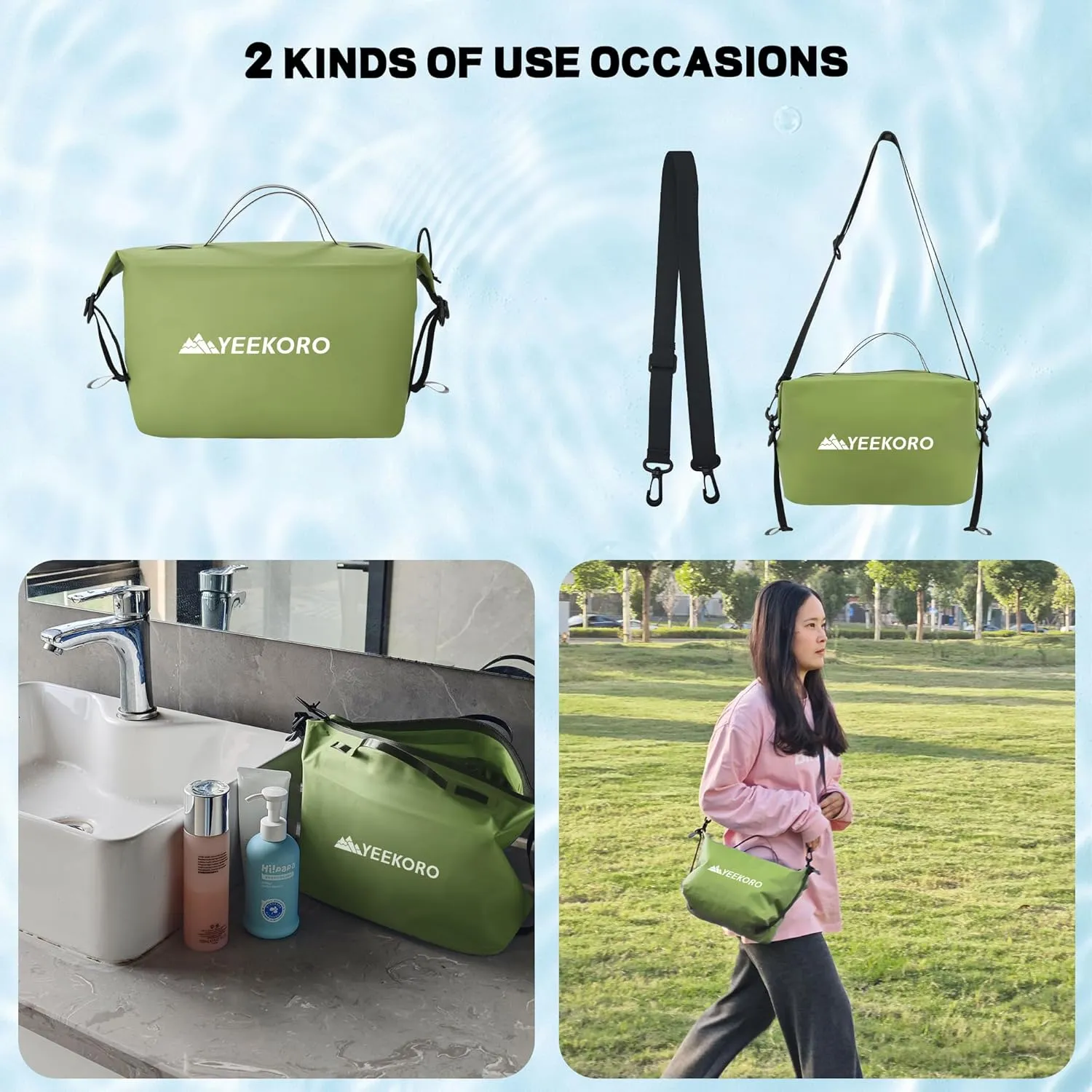 Waterproof Toiletry Bag for Travel, Zipper Styles, 40D Nylon Toiletry Organizer Bags with Shoulder Straps for Men Women, Travel Accessories（1 PACK,Green