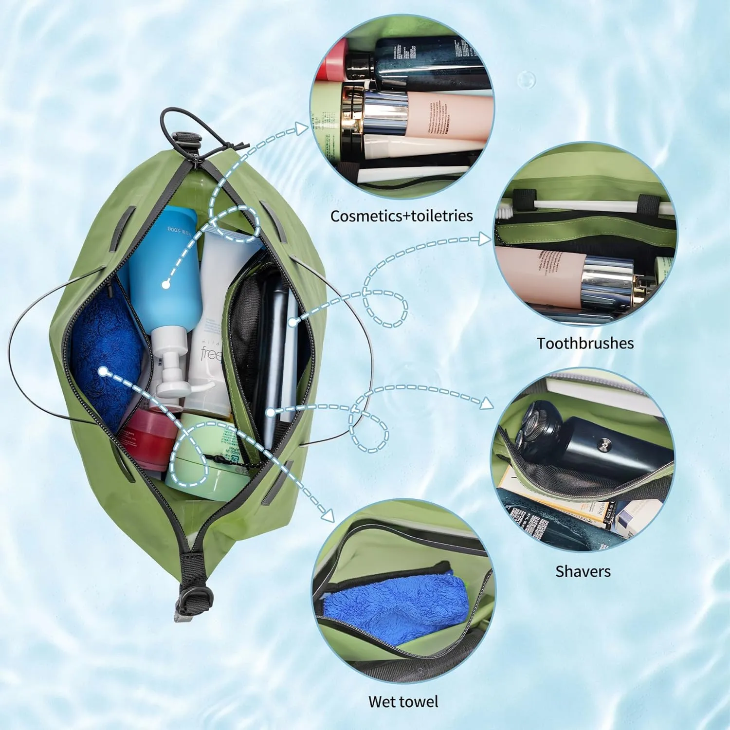 Waterproof Toiletry Bag for Travel, Zipper Styles, 40D Nylon Toiletry Organizer Bags with Shoulder Straps for Men Women, Travel Accessories（1 PACK,Green