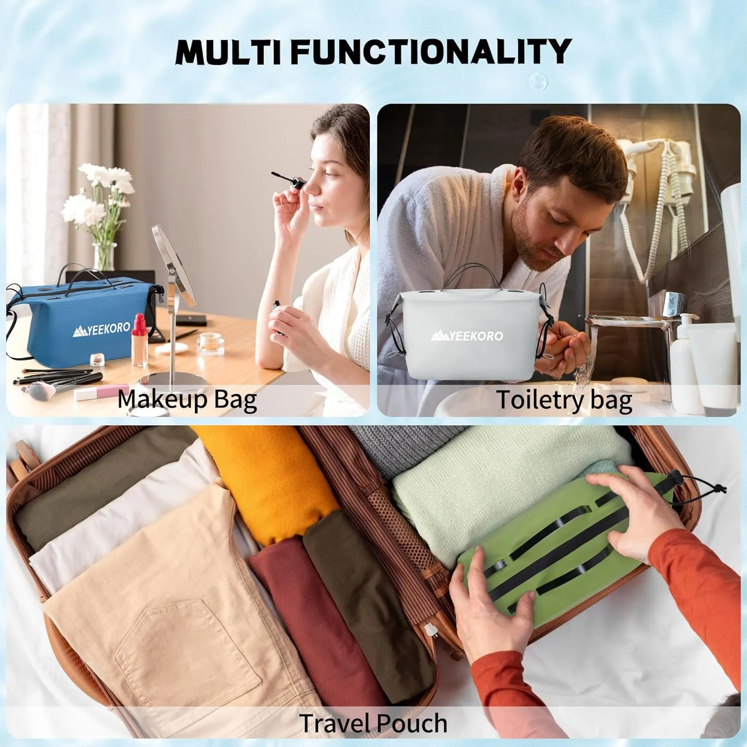 Waterproof Toiletry Bag for Travel, Zipper Styles, 40D Nylon Toiletry Organizer Bags with Shoulder Straps for Men Women, Travel Accessories（1 PACK,Green