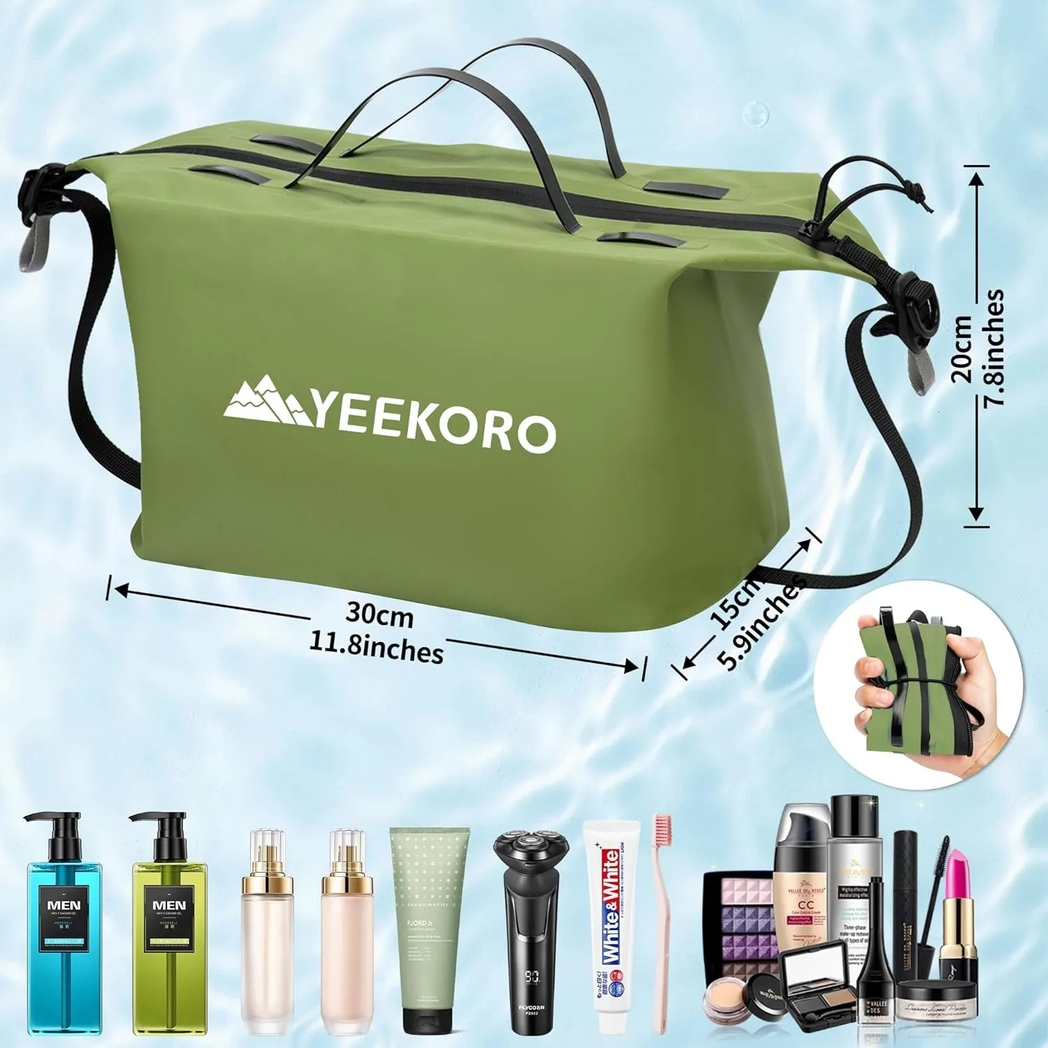 Waterproof Toiletry Bag for Travel, Zipper Styles, 40D Nylon Toiletry Organizer Bags with Shoulder Straps for Men Women, Travel Accessories（1 PACK,Green
