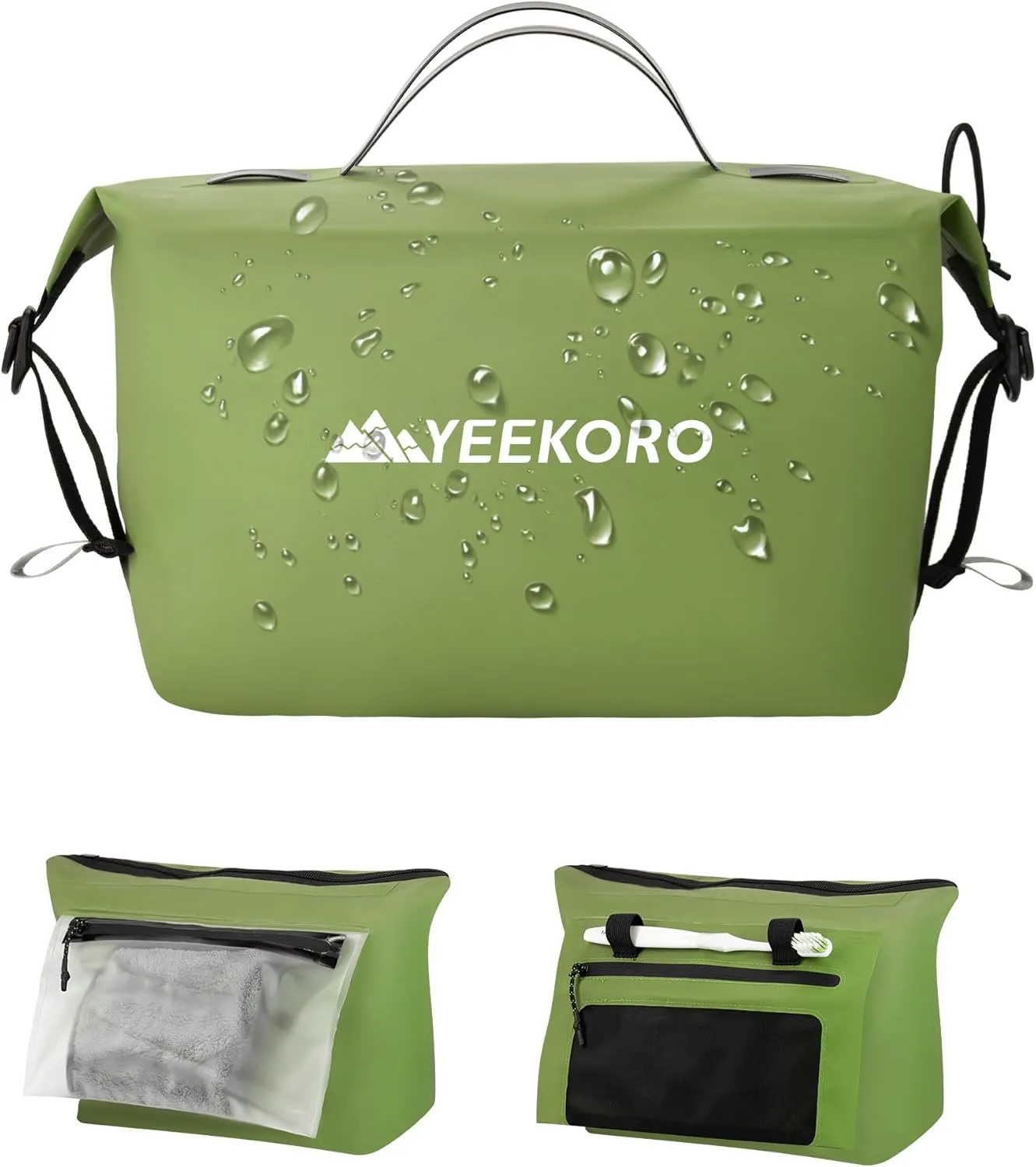 Waterproof Toiletry Bag for Travel, Zipper Styles, 40D Nylon Toiletry Organizer Bags with Shoulder Straps for Men Women, Travel Accessories（1 PACK,Green