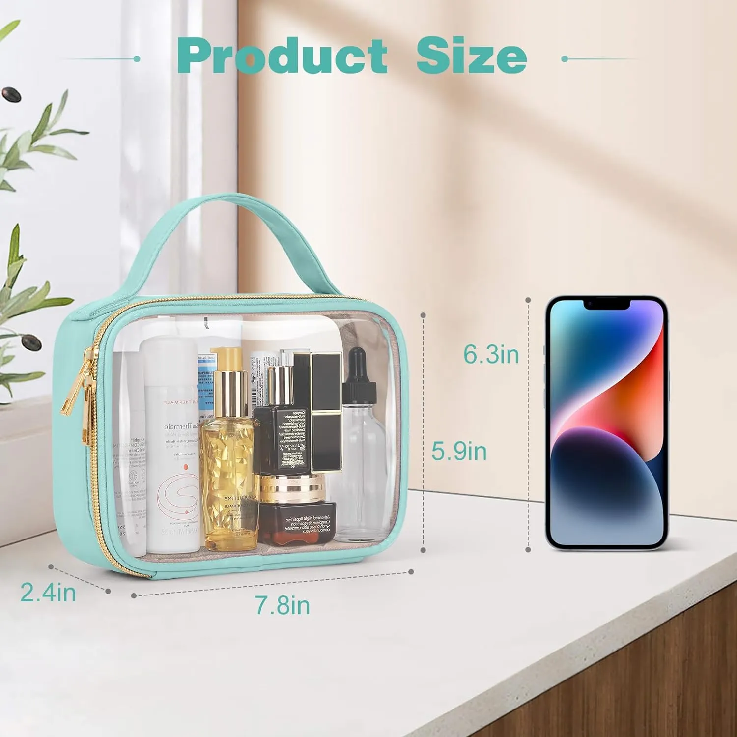 Wedama TSA Approved Toiletry Bag, 3 Pack Clear Makeup Bags with Handles, Quart Size PVC Clear Cosmetic Bags for Women and Men, Carry on Airport Airline Compliant Bag, Cyan Green