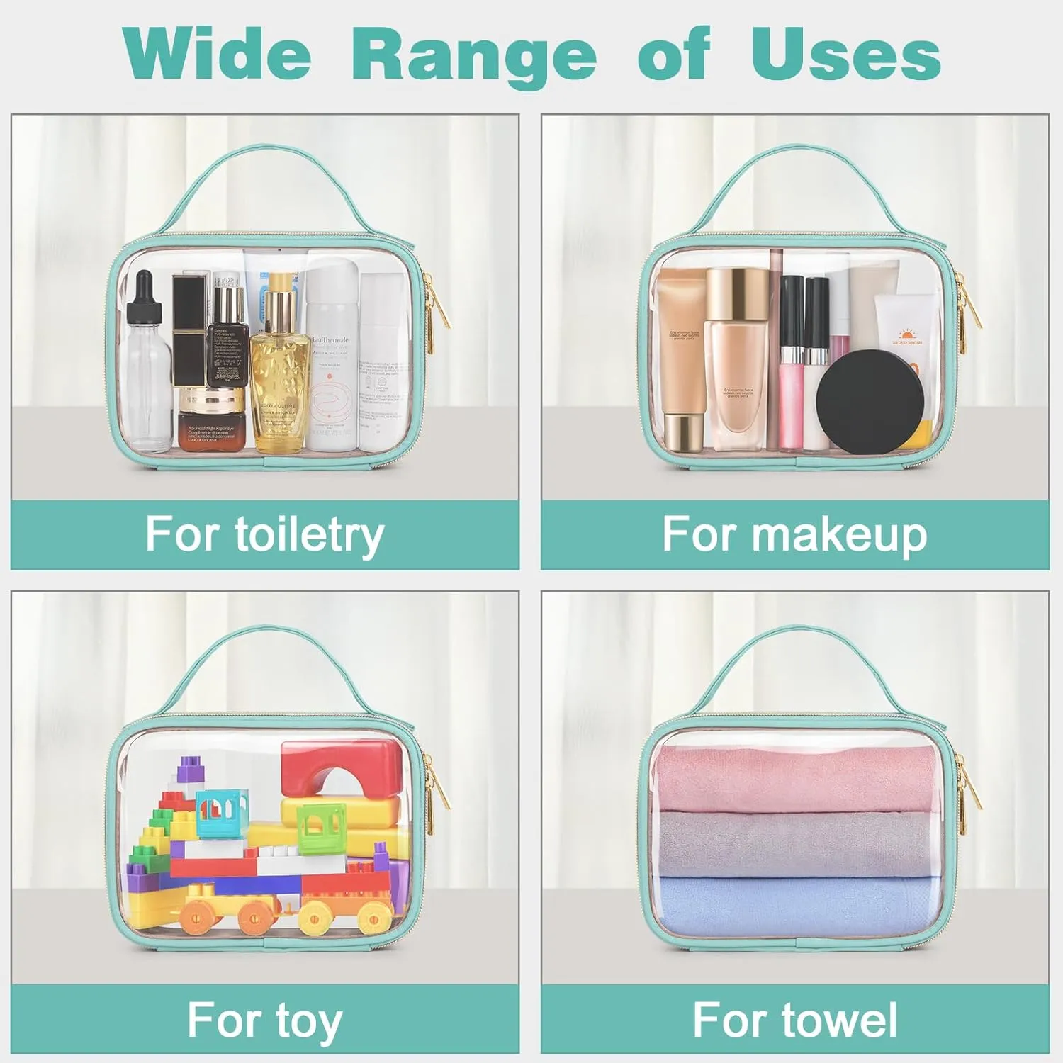 Wedama TSA Approved Toiletry Bag, 3 Pack Clear Makeup Bags with Handles, Quart Size PVC Clear Cosmetic Bags for Women and Men, Carry on Airport Airline Compliant Bag, Cyan Green