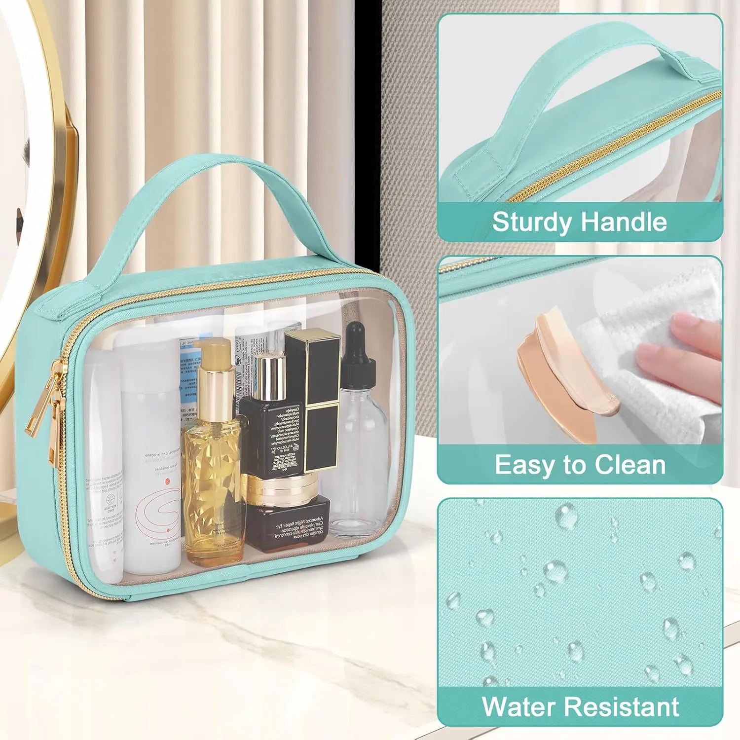 Wedama TSA Approved Toiletry Bag, 3 Pack Clear Makeup Bags with Handles, Quart Size PVC Clear Cosmetic Bags for Women and Men, Carry on Airport Airline Compliant Bag, Cyan Green