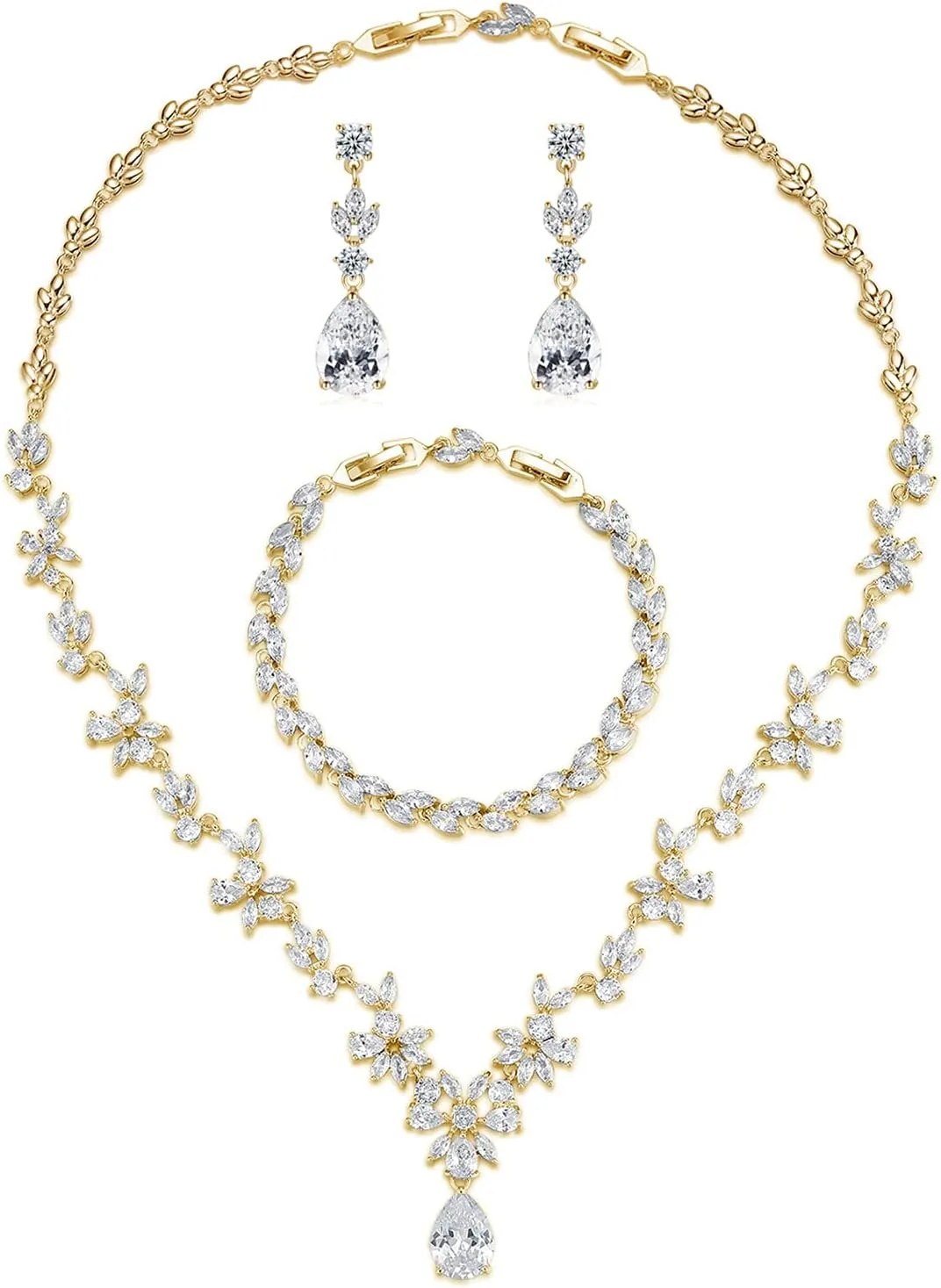 Wedding Jewelry for Bride, Silver Bridal Necklace Earrings Bracelet Set with Clear Cubic Zirconia, Bridemaids Jewelry Set for Wedding, Crystal Wedding Party Jewelry Set for Women Girls