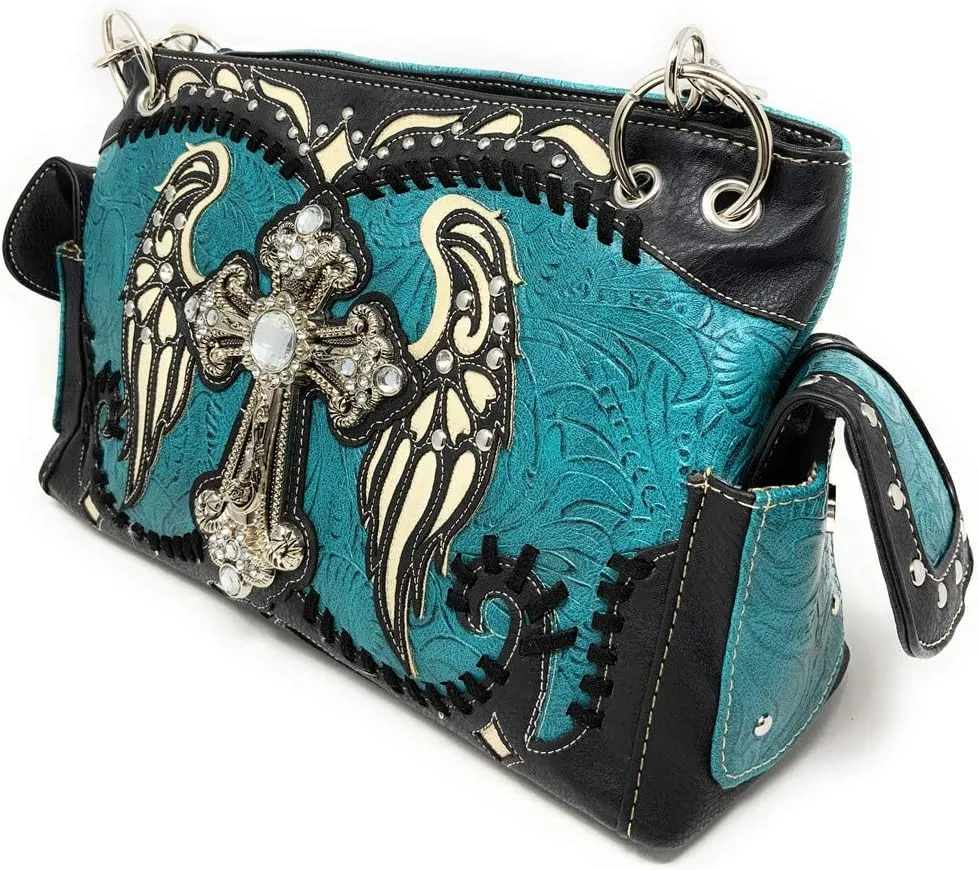 Western Tooled Leather/Laser Cut Bling Rhinestone Cross Wings Handbag Purse and Wallets in 5 Colors (Black Green Handbag and Wallet)