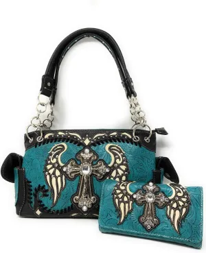 Western Tooled Leather/Laser Cut Bling Rhinestone Cross Wings Handbag Purse and Wallets in 5 Colors (Black Green Handbag and Wallet)