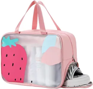 Wet Dry Separate Toiletry Bag Large Capacity Portable Travel Cosmetic Bag Handbag Organizer with Shoes Storage (Strawberry Pink)