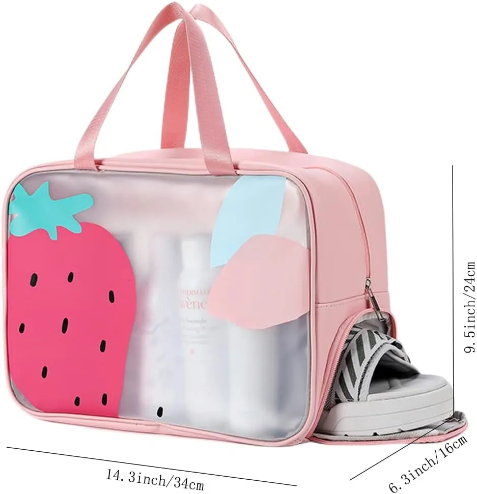 Wet Dry Separate Toiletry Bag Large Capacity Portable Travel Cosmetic Bag Handbag Organizer with Shoes Storage (Strawberry Pink)
