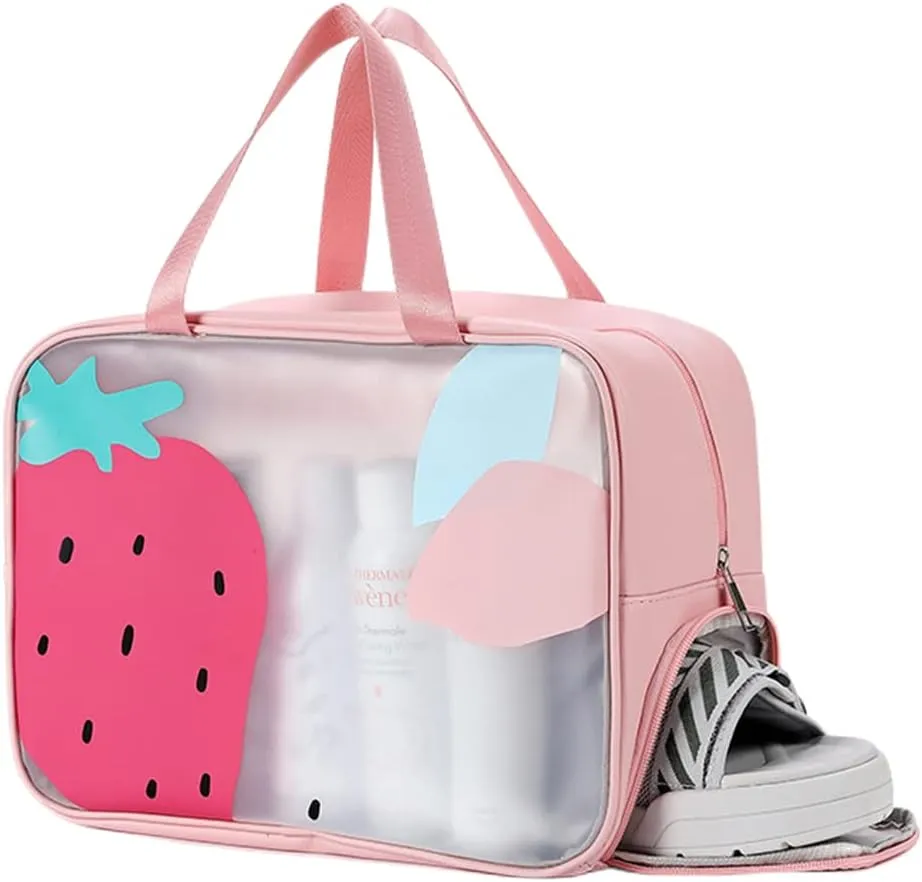 Wet Dry Separate Toiletry Bag Large Capacity Portable Travel Cosmetic Bag Handbag Organizer with Shoes Storage (Strawberry Pink)