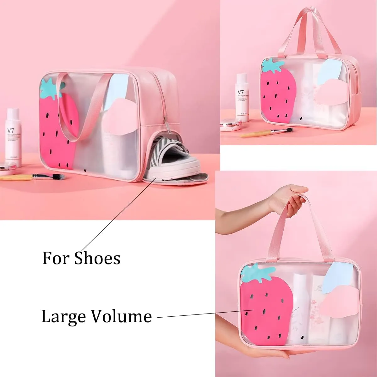 Wet Dry Separate Toiletry Bag Large Capacity Portable Travel Cosmetic Bag Handbag Organizer with Shoes Storage (Strawberry Pink)