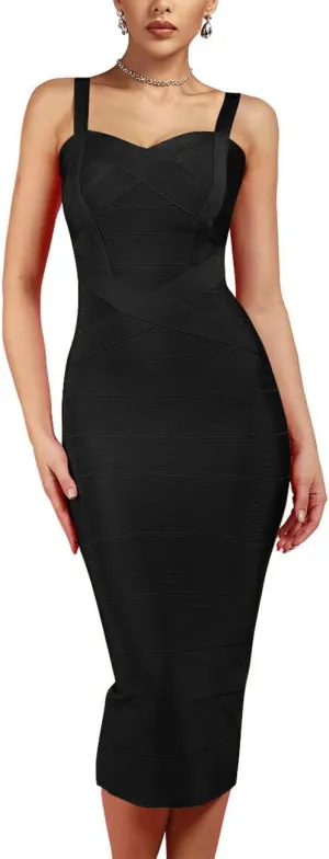 Whoinshop Women's Rayon Strap Celebrity Midi Evening Party Bandage Dress