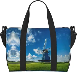 Windmill Blue print Gym Bag for Women,Carry on Weekender Overnight Duffle Bag,Personal Item Tote Bag