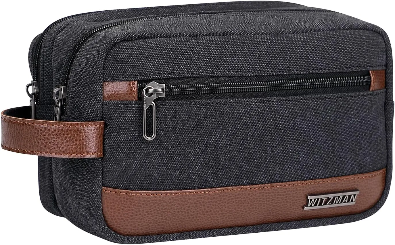 WITZMAN Canvas Toiletry Bag for Men Hanging Dopp Kit Organizer Water-resistant Travel Toiletries bag Men Bathroom Bag with Wet Pocket(A8001 Classics Black)