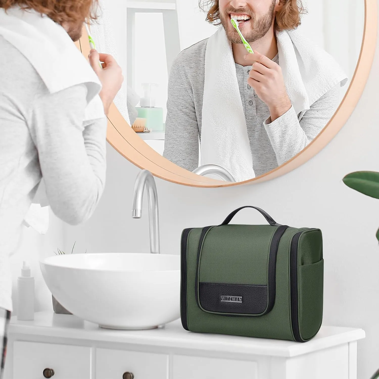 WITZMAN Toiletry Bag for Men Women Large Hanging Multi-organization Bathroom Bag Water-resistant Dopp Kit Shaving Bag Men(B690 Army Green)