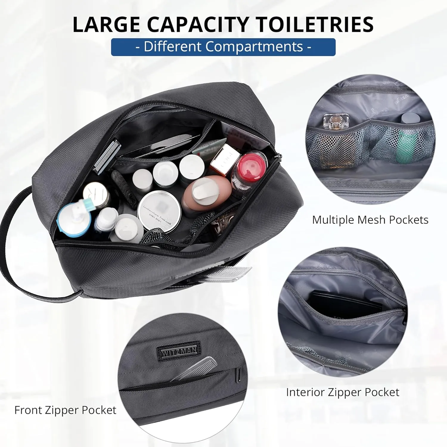 WITZMAN Toiletry Bag for Men Women Lightweight Hanging Travel Bathroom Bag Water-Resistant Shaving Dopp Kit for Men Cosmetic Bag（B692 Silvery Grey）