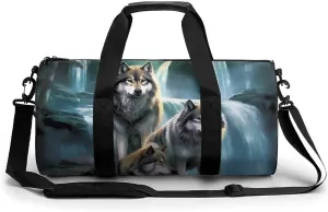 Wolf Sunrise Waterfall Print Gym Sport Bag Travel Duffel Bags Weekender Carry on Tote Bags for Women Men