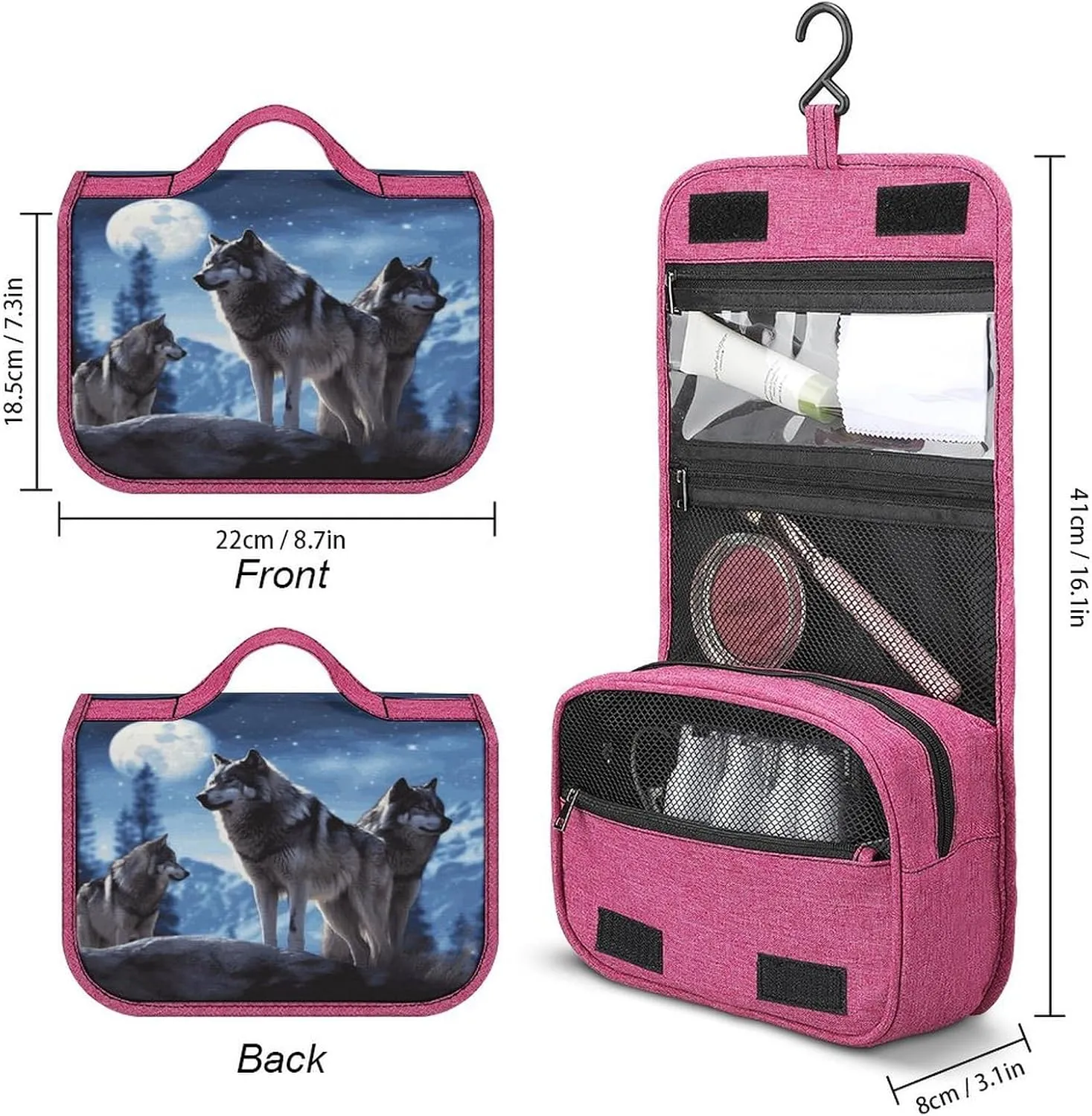 Wolfs Travel Toiletry Bag for Women,Hanging Toiletry Organizer with Hook, Makeup Bag Travel Organizer for Shampoo,Toiletriesl