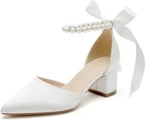 Women Block Pointed Toe Low Chunky Heels with Pearls Pumps Satin Bridal Shoes Evening Party Dress Shoes