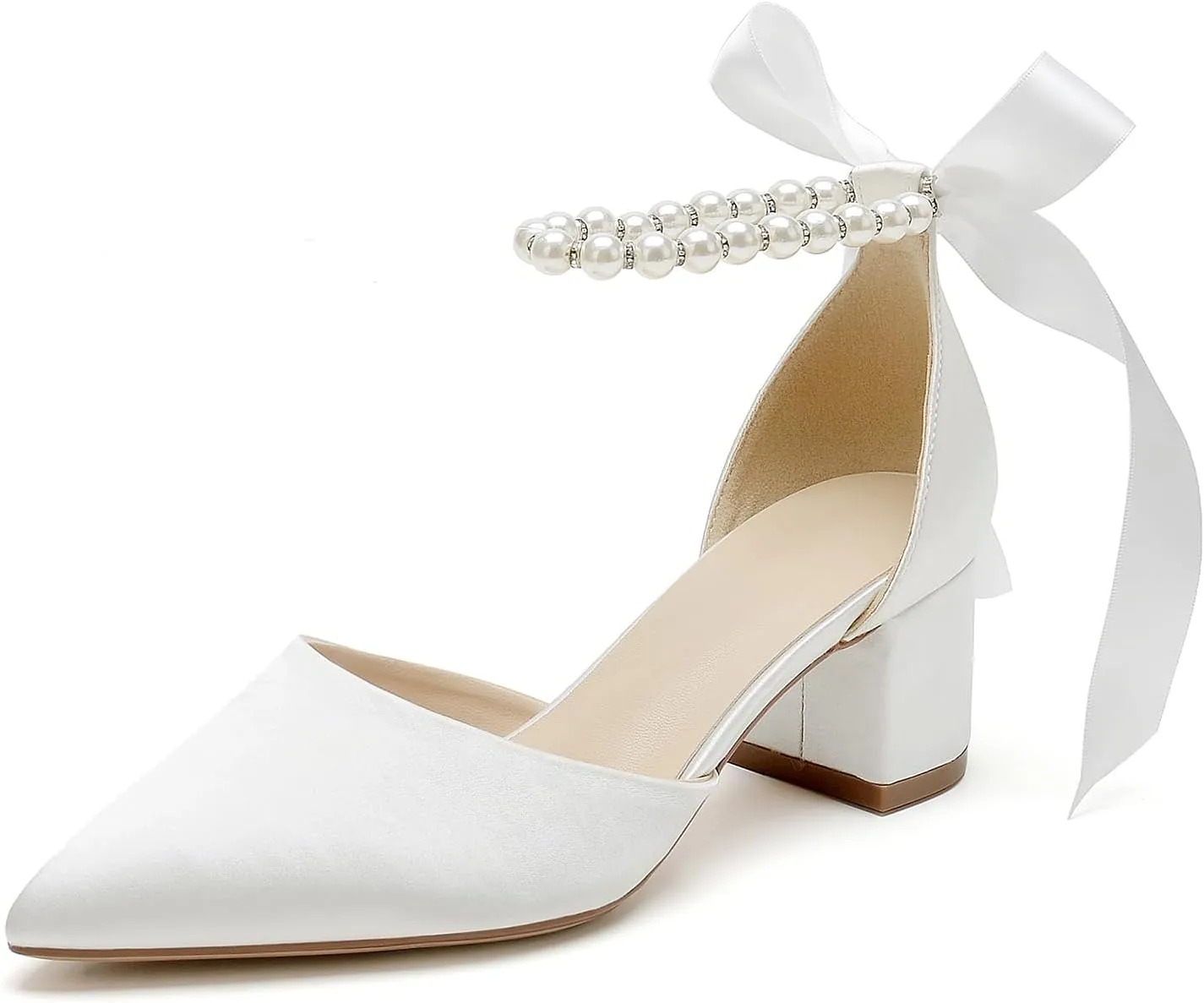 Women Block Pointed Toe Low Chunky Heels with Pearls Pumps Satin Bridal Shoes Evening Party Dress Shoes