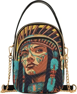 Women Crossbody Sling Bags Fantasy Indian Chief Woman Print, Compact Fashion Handbags Purse with Chain Strap Top handle for Evening Party Dating Travel