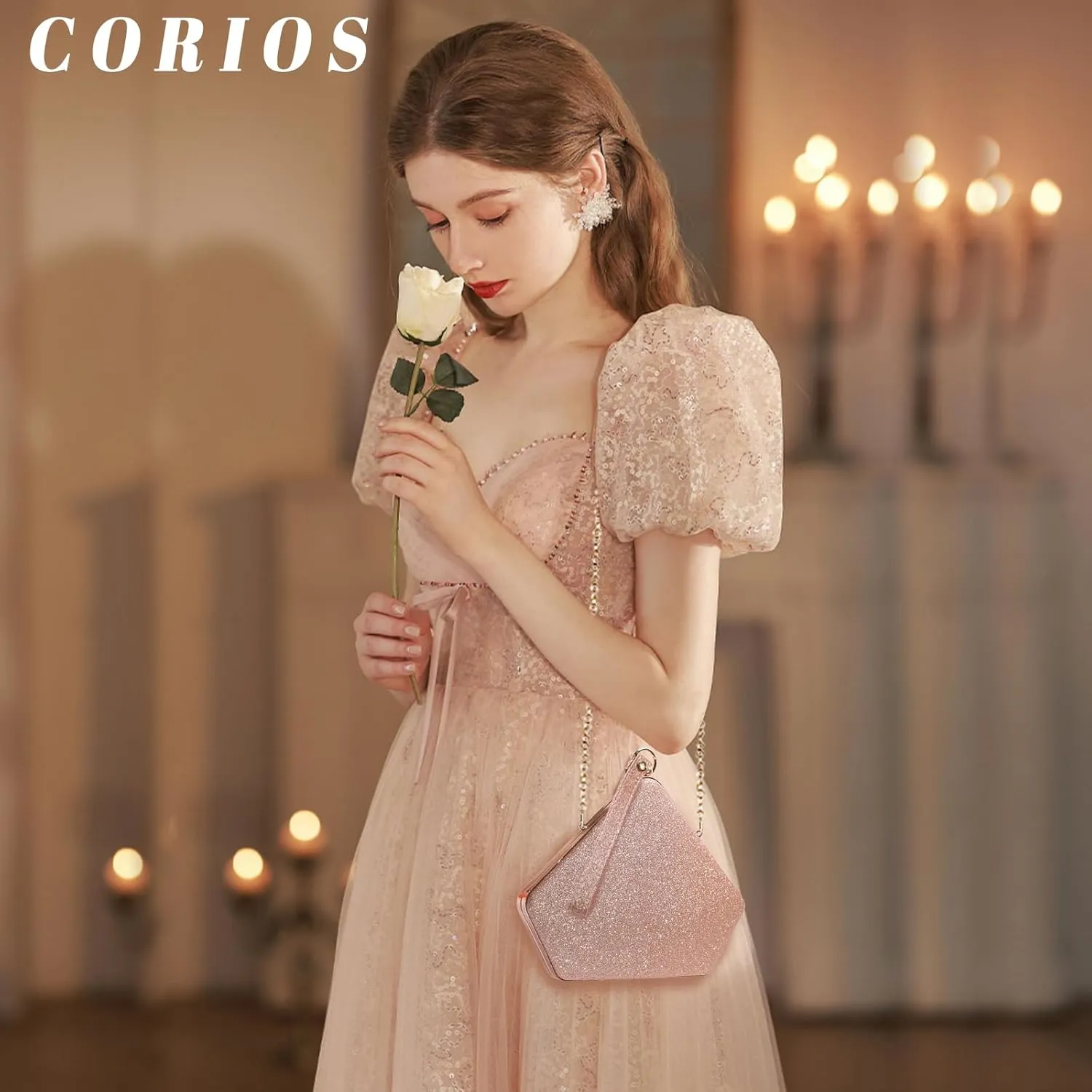 Women Evening Bag Sequin Clutch Bag Bridal Wedding Purse Ladies Sparkly Handbag Glitter Pentagon Shoulder Bag