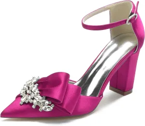 Women Evening Bridal Rhinestone Pointed Toe Satin Pumps Block High Heel Crystal Shoes with Bow