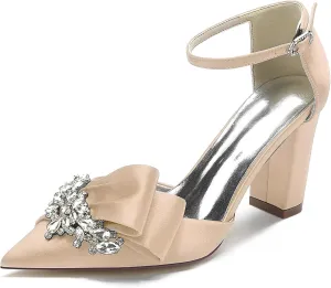 Women Evening Bridal Rhinestone Pointed Toe Satin Pumps Block High Heel Crystal Shoes with Bow