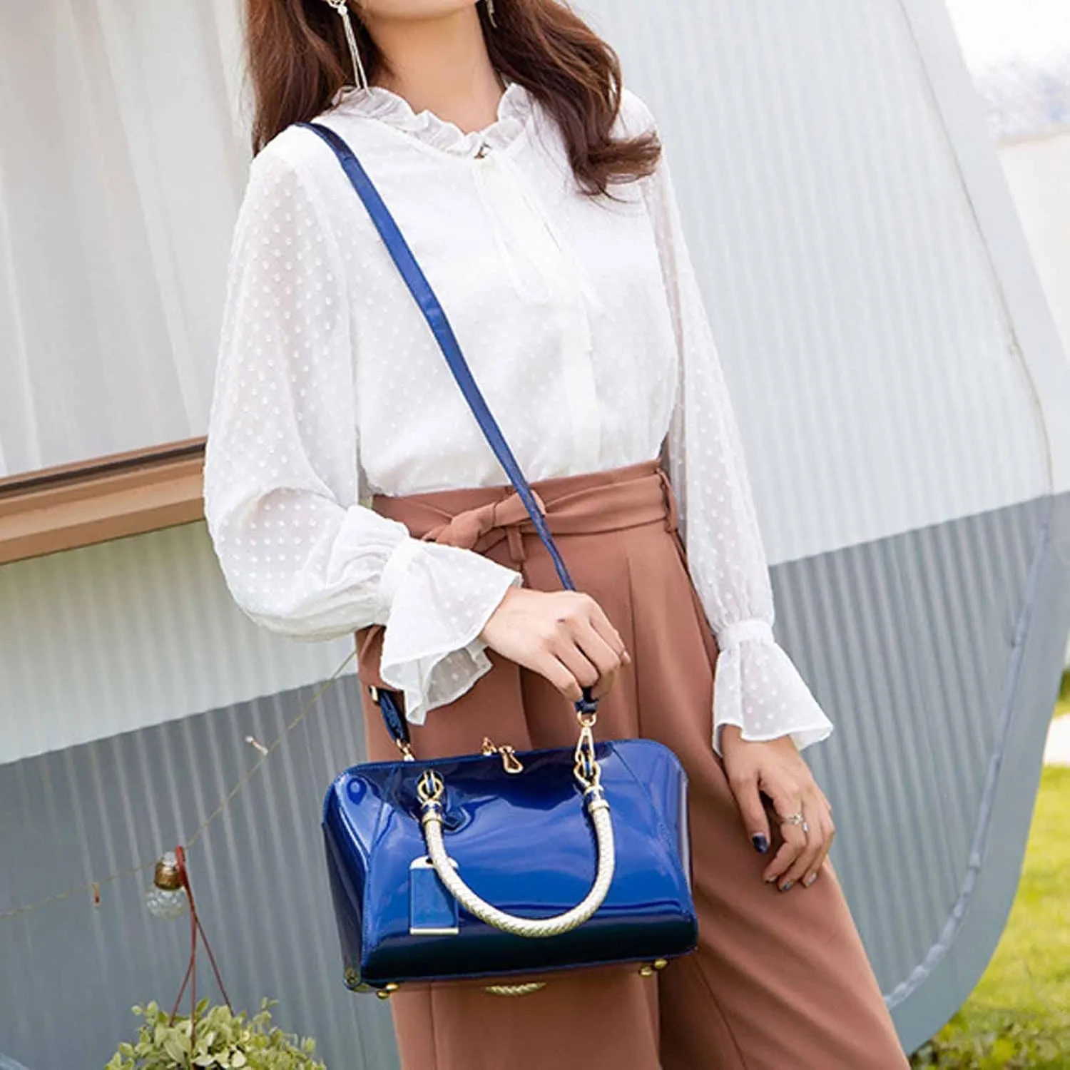 Women Handbags Shiny Paten PU Satchel Purse Shoulder Tote Top-Handle Crossbody Bag