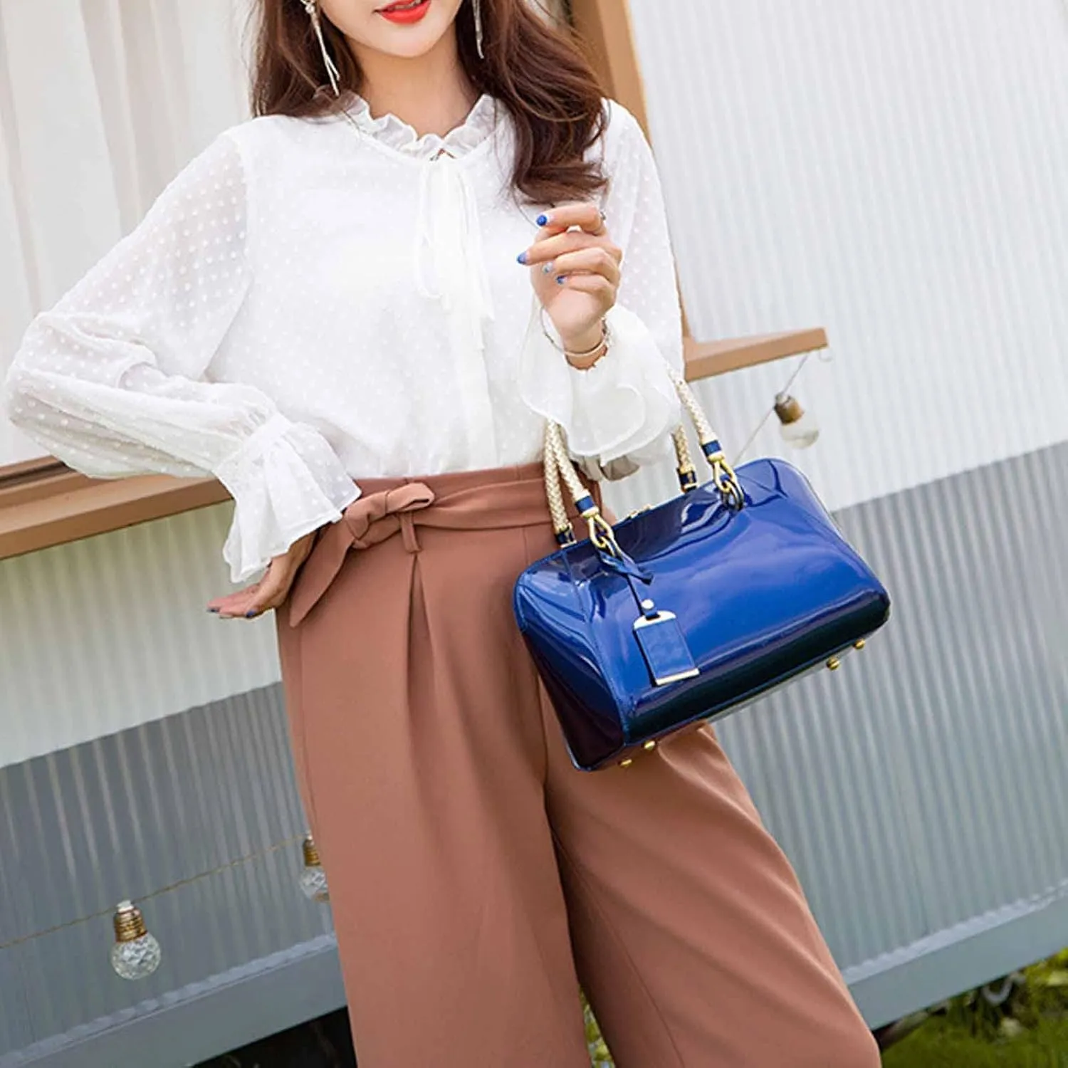 Women Handbags Shiny Paten PU Satchel Purse Shoulder Tote Top-Handle Crossbody Bag