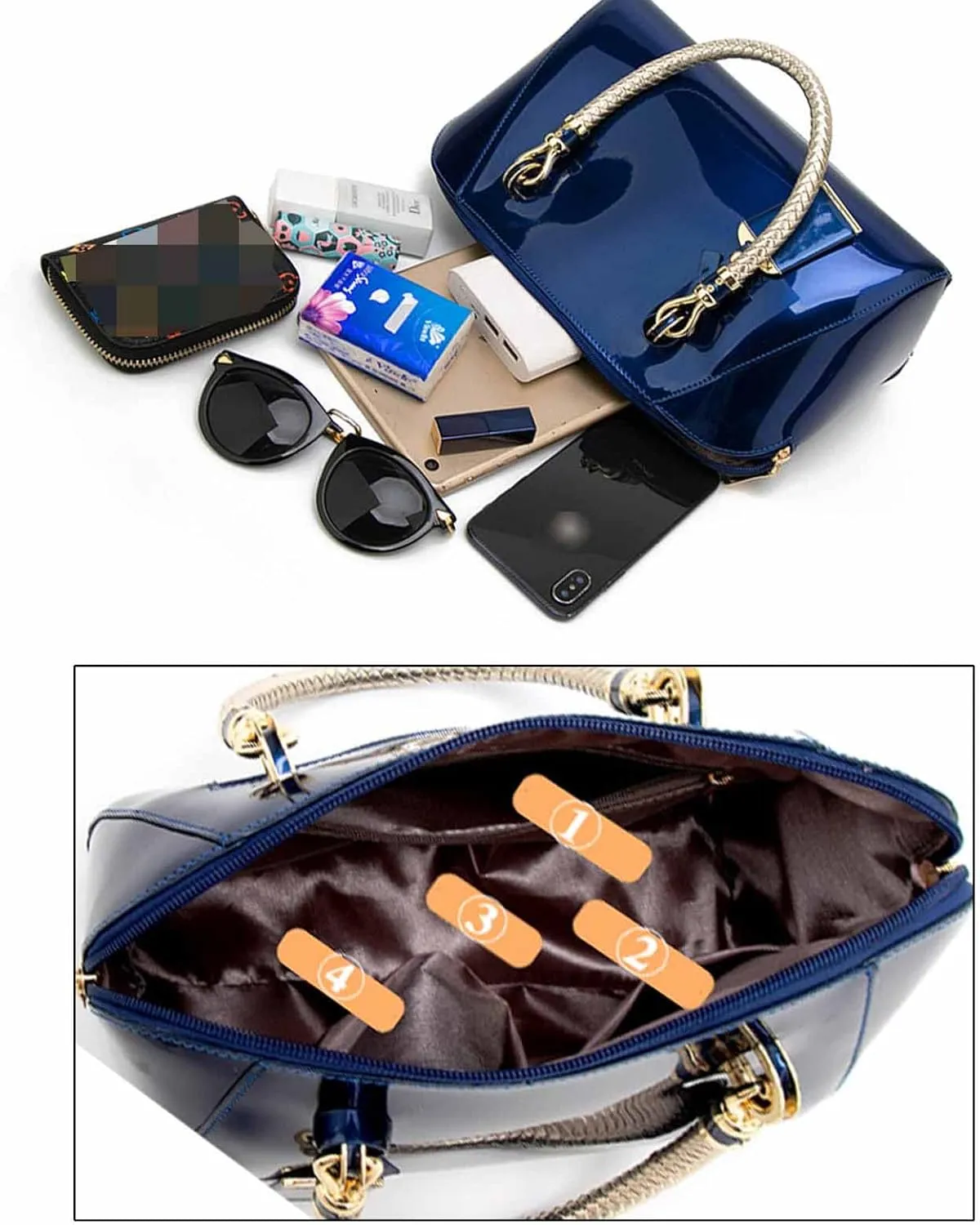 Women Handbags Shiny Paten PU Satchel Purse Shoulder Tote Top-Handle Crossbody Bag
