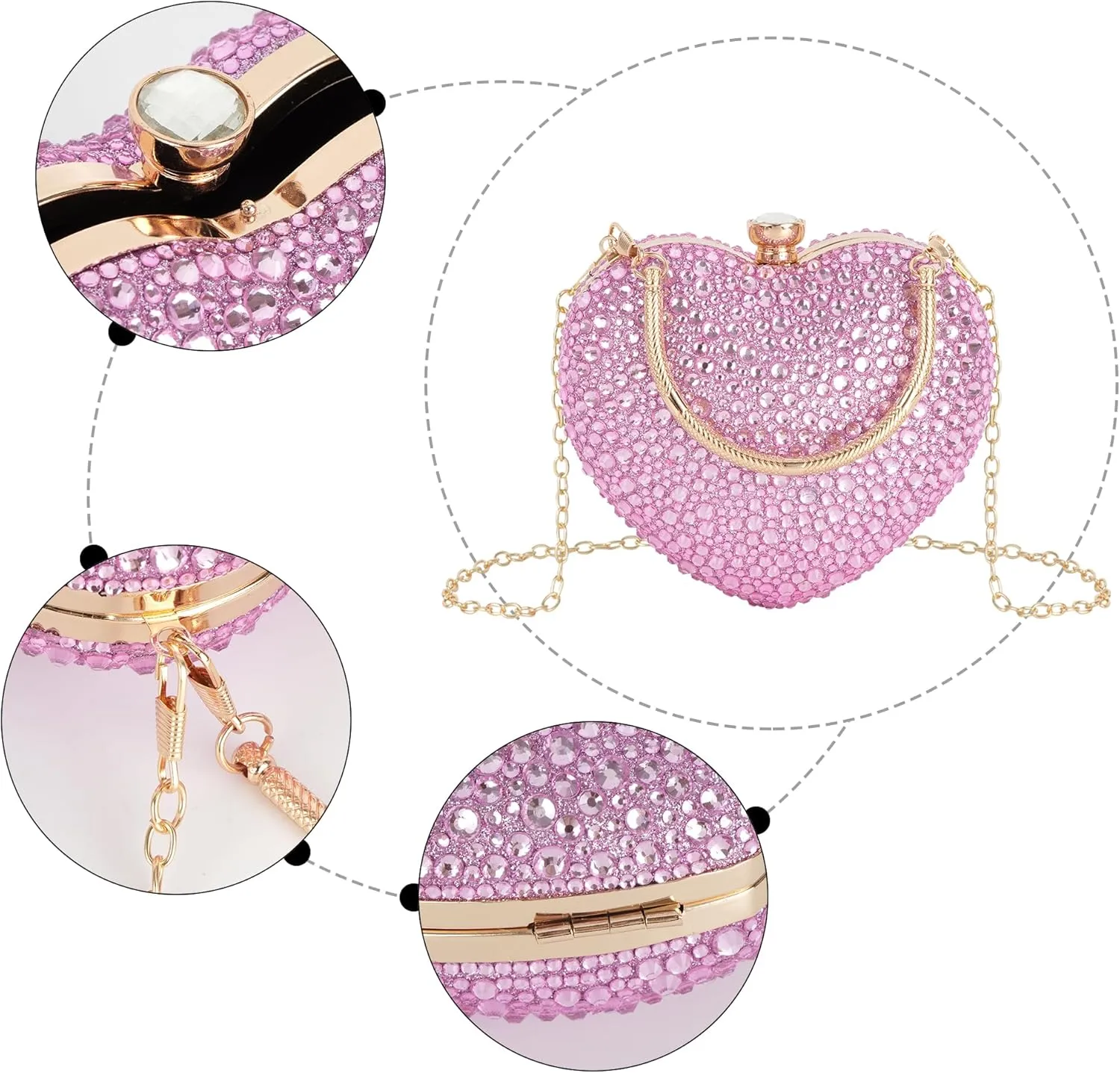 Women Heart Shape Evening Bag Bling Rhinestone Wedding Party Purse Cocktail Prom Crossbody Shoulder Handbag