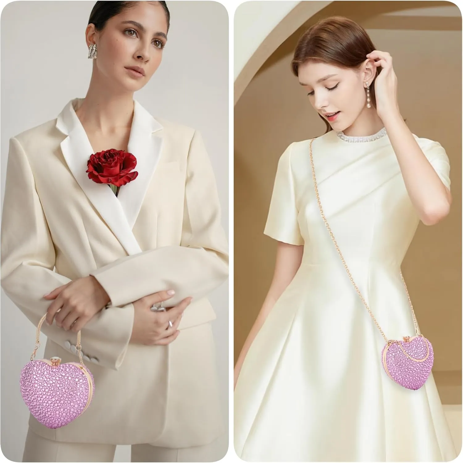 Women Heart Shape Evening Bag Bling Rhinestone Wedding Party Purse Cocktail Prom Crossbody Shoulder Handbag