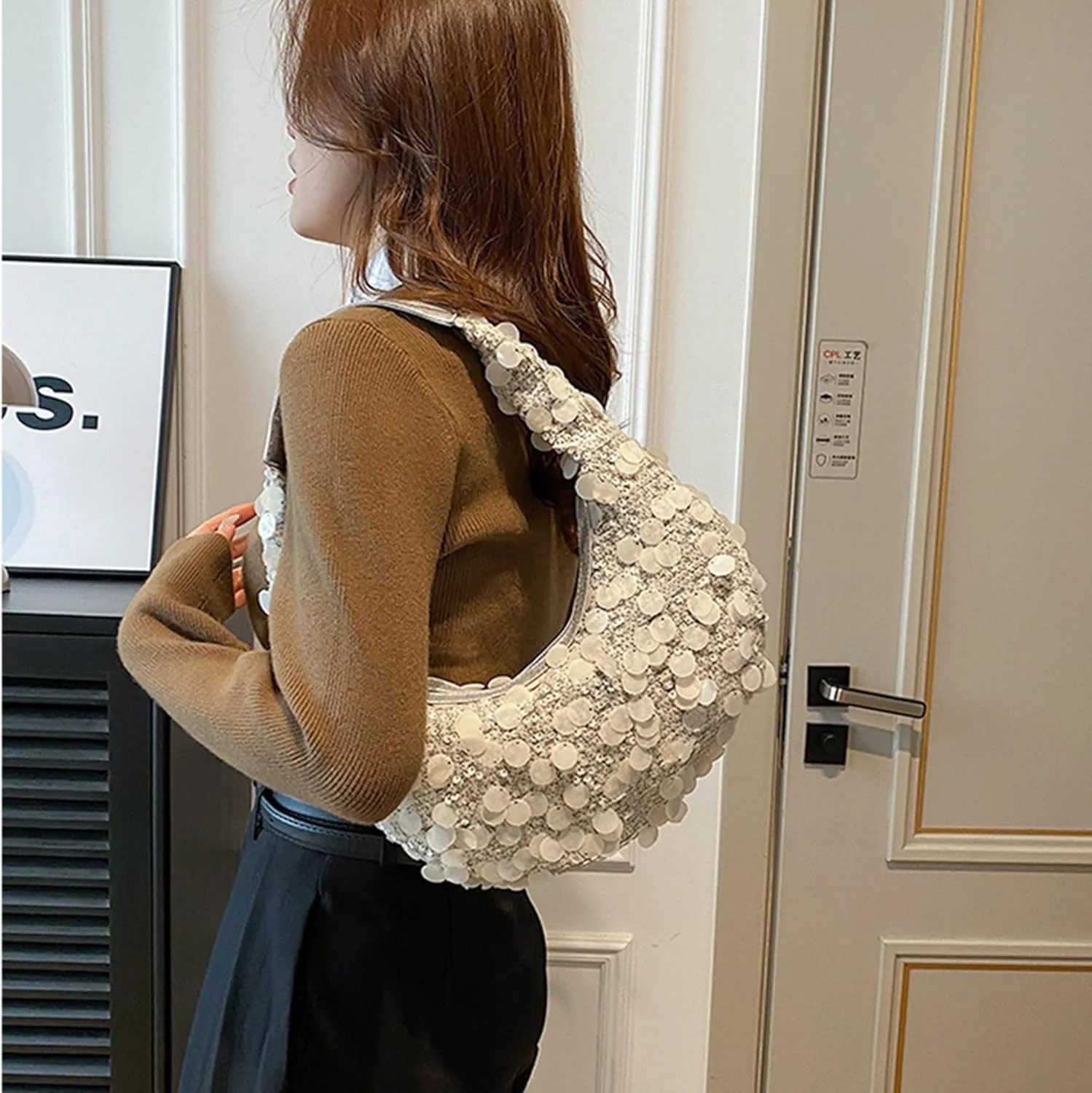 Women Hobo Handbags Sparkly Sequins Underarm Bag Y2k Shiny Evening Clutch PU Leather Crescent Moon Underarm Bag