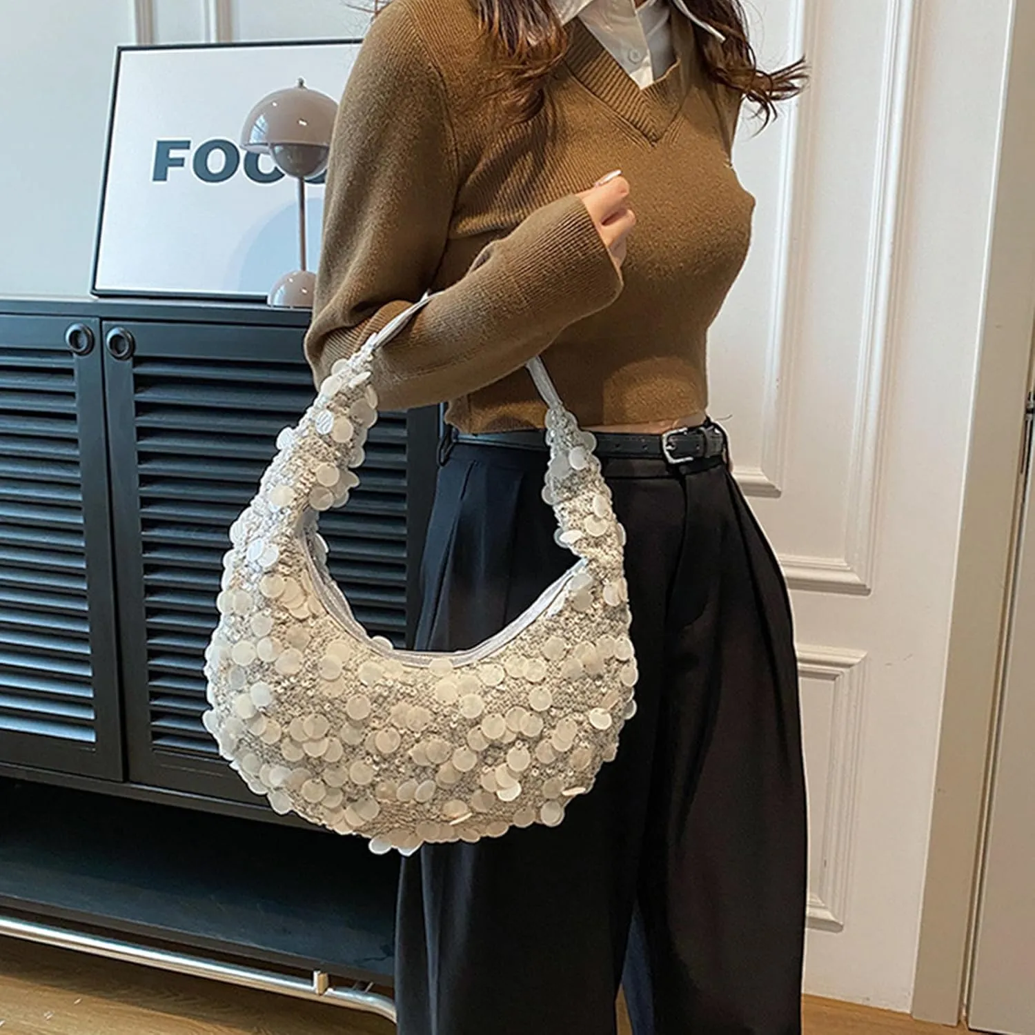 Women Hobo Handbags Sparkly Sequins Underarm Bag Y2k Shiny Evening Clutch PU Leather Crescent Moon Underarm Bag