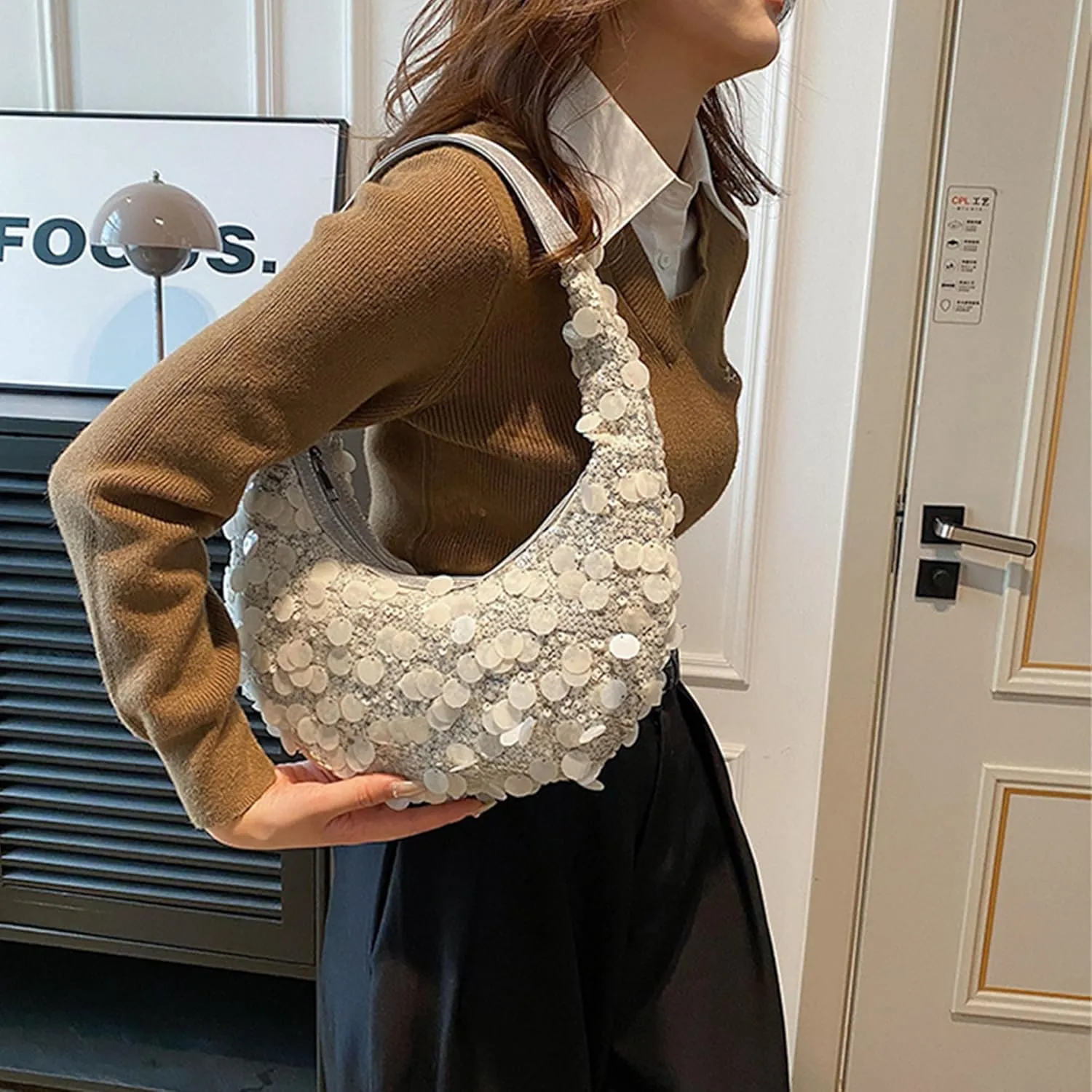 Women Hobo Handbags Sparkly Sequins Underarm Bag Y2k Shiny Evening Clutch PU Leather Crescent Moon Underarm Bag