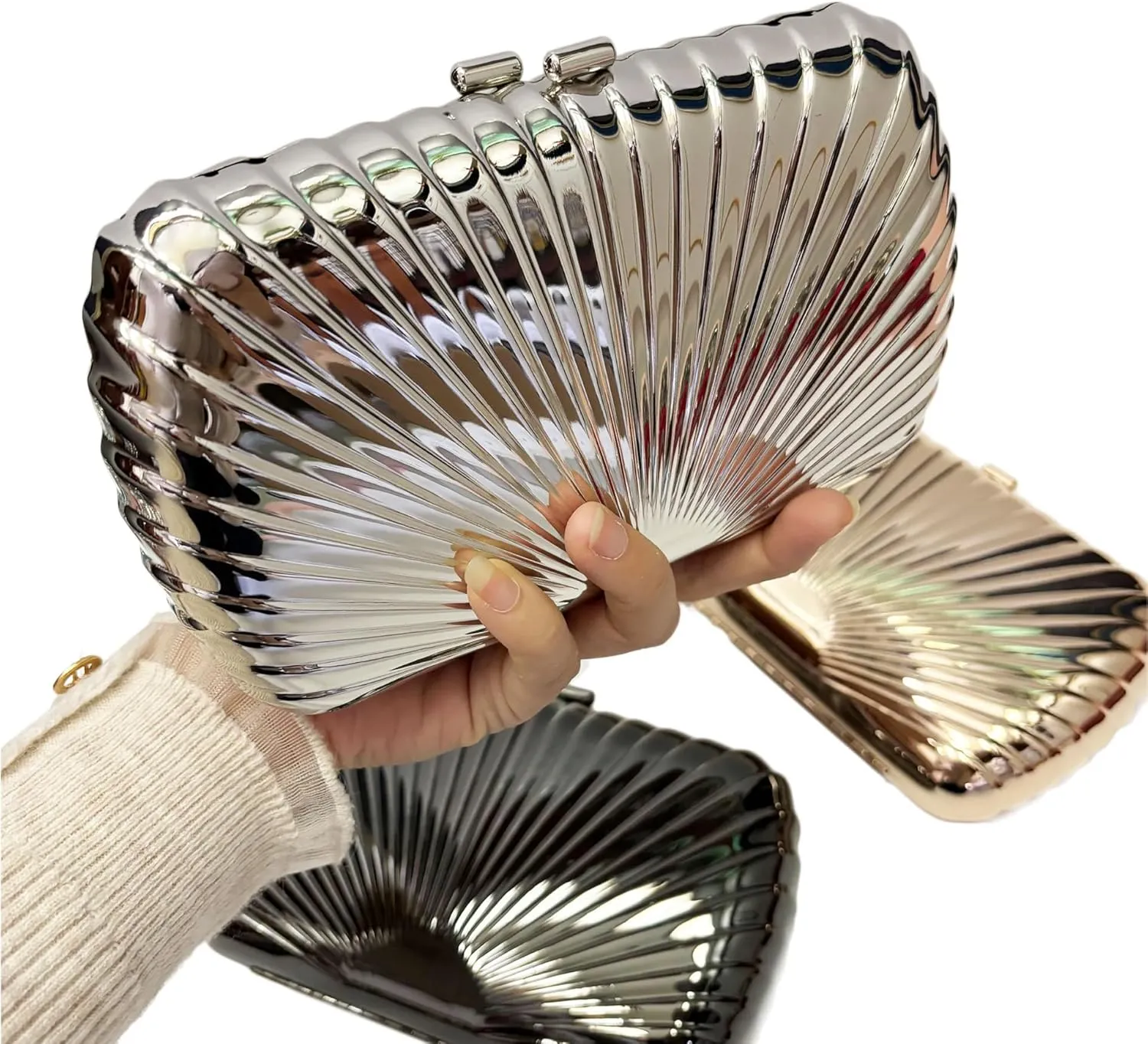 Women Metal Evening Clutch Bag With Shell Pattern Girls Smooth Shiny Crossbody Handbag Purse For Wedding Banquet Party