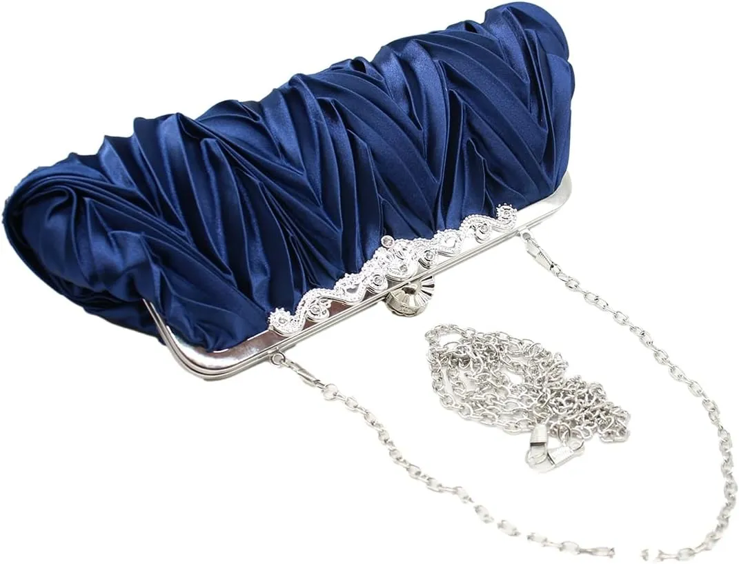 Women Pleated Satin Clutch Bride Purse Elegant Rhinestone Evening Bag Banquet Party Handbag