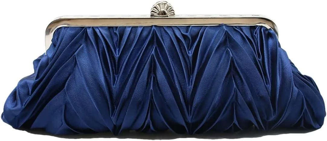 Women Pleated Satin Clutch Bride Purse Elegant Rhinestone Evening Bag Banquet Party Handbag