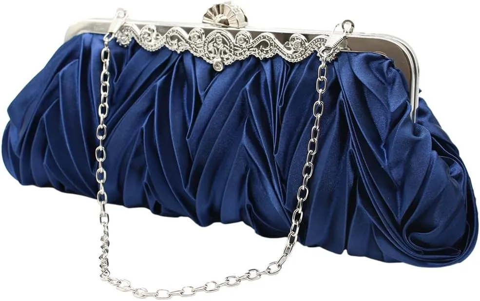 Women Pleated Satin Clutch Bride Purse Elegant Rhinestone Evening Bag Banquet Party Handbag
